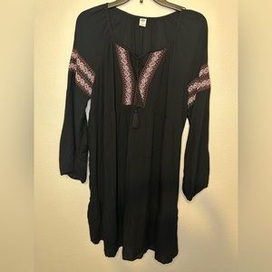 Old Navy Black Embroidered Peasant Boho Longsleeve Dress Women Size L
